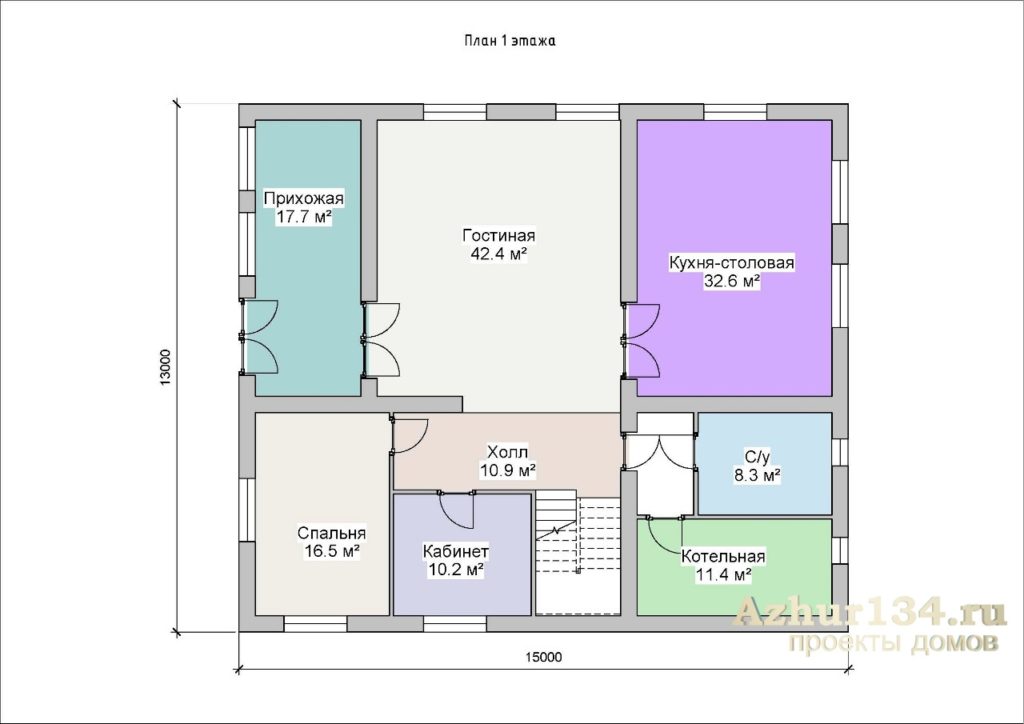 Проект двухэтажного дома, площадь 303,0 м². размер 15.0 x 13.0 из пенобетонных блоков