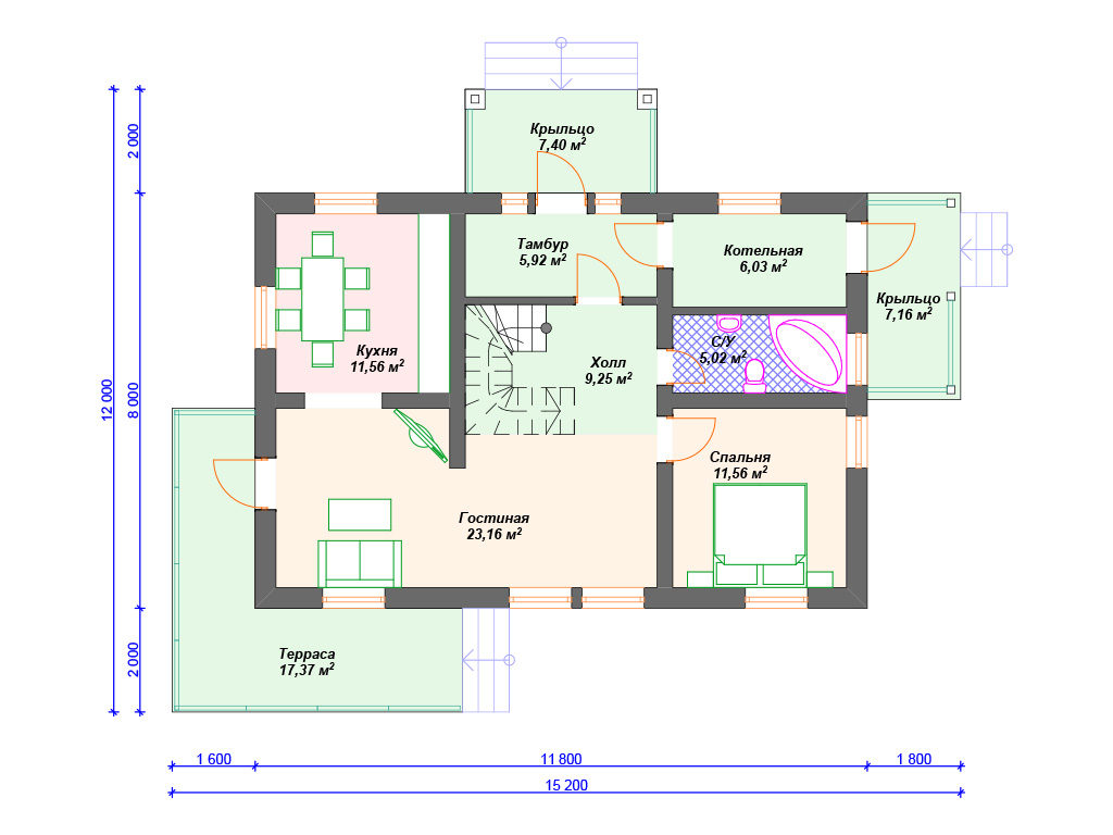 Проект двухэтажного дома,      площадь   180м2,   размер                  12.0  x 15.2 м