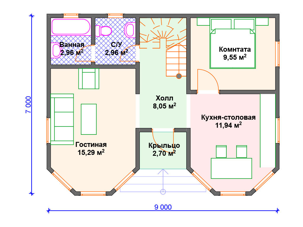 Проект двухэтажного дома,      площадь   100м2,   размер                  9.0  x 7 .0 м