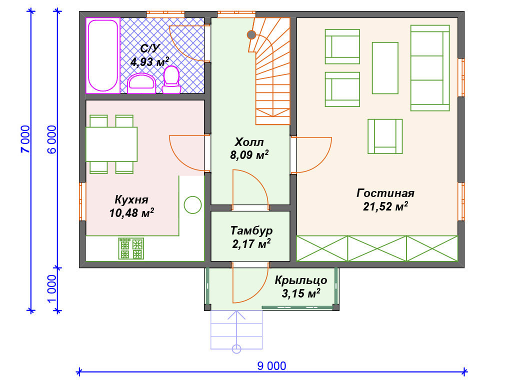 Проект двухэтажного дома,      площадь  83м2,   размер                  9.0  x 7 .0 м
