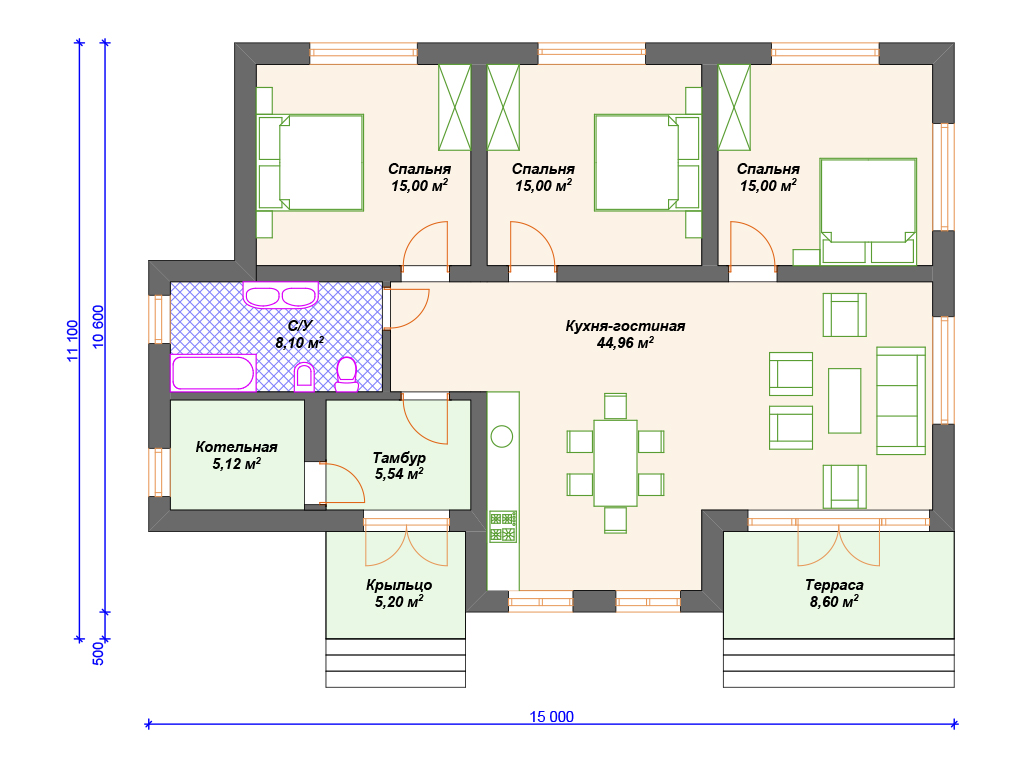 Проекты домов одноэтажных до 100 кв м с террасой фото и планировка