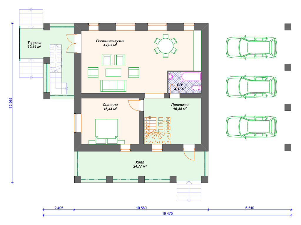 Проект двухэтажного дома,      площадь   343м2,   размер                  12.5  x 13 .0 м