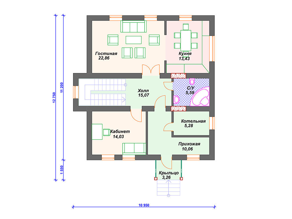 Проект двухэтажного дома,      площадь   169м2,   размер                  12.7  x 10.5 м