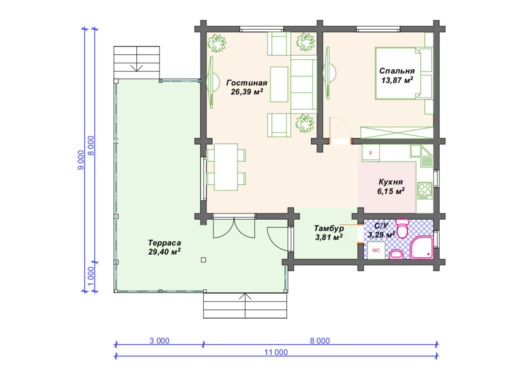 Проект одноэтажного дома,      площадь 83м²,                              размер                  9.0 x 11.0 м