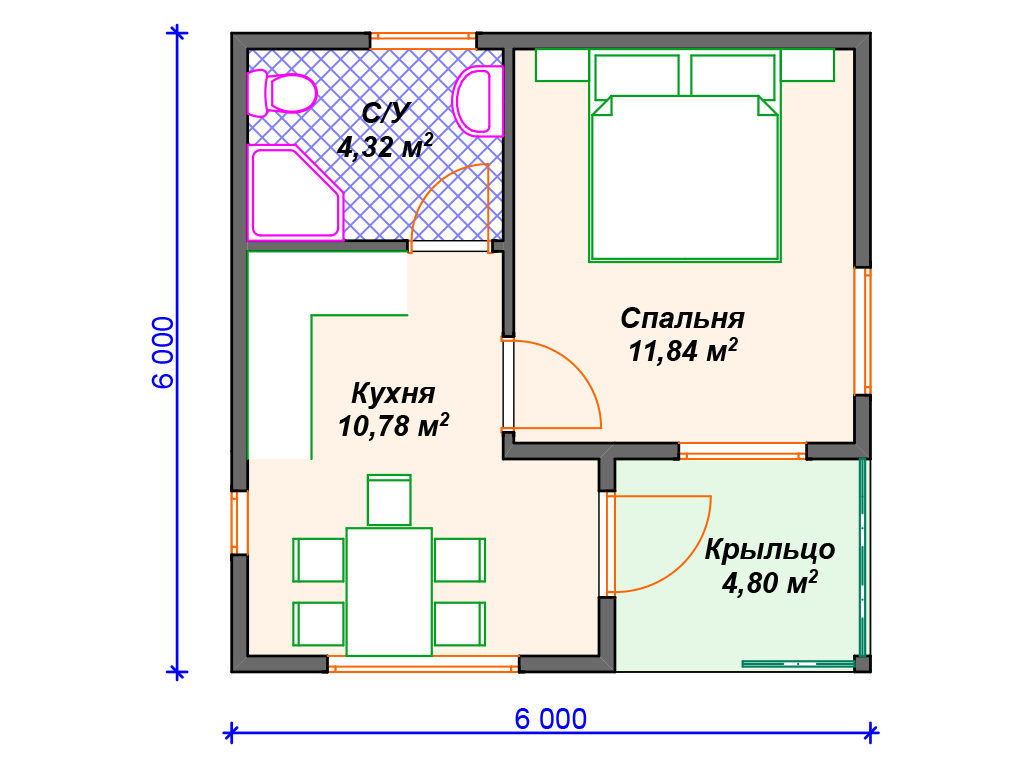 Проект одноэтажного дома,      площадь 32м2,   размер                 6.0 x 6.0 м