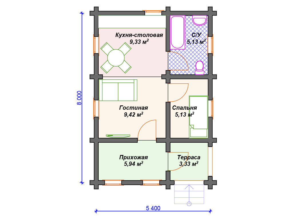 Проект одноэтажного дома,      площадь 38м²,   размер                    8.0 x 5.4м