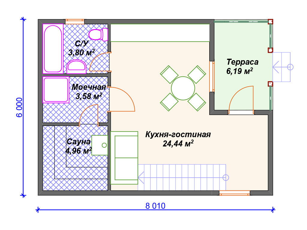 Проект двухэтажного дома,      площадь   66м2  размер                  8.0  x 6 .0 м