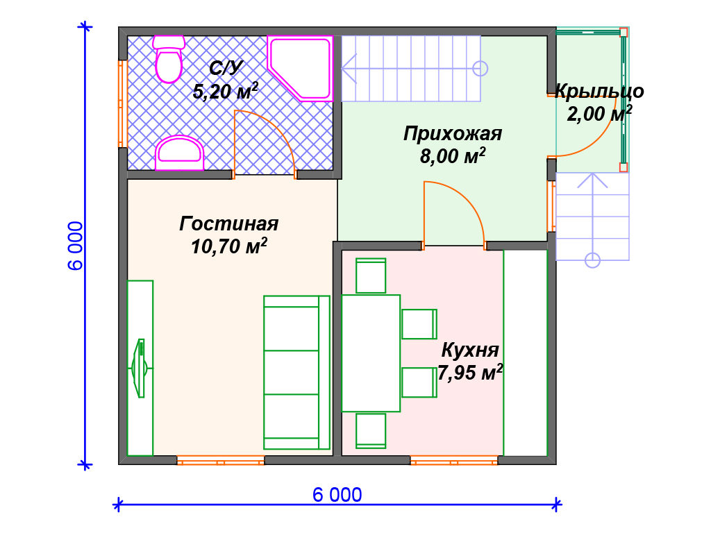 Проект двухэтажного дома,      площадь   59м2,   размер                  6.0  x 6 .0 м
