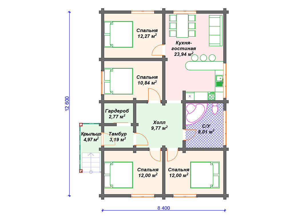 Проект одноэтажного дома,      площадь 100.0м²,   размер                  12.6 x  8.4 м