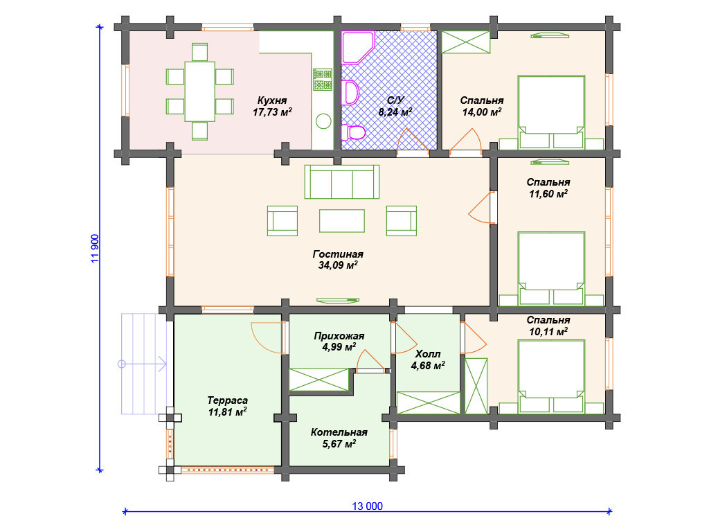 Проект одноэтажного дома,      площадь 123м²,   размер                  11.9 x 13.0 м