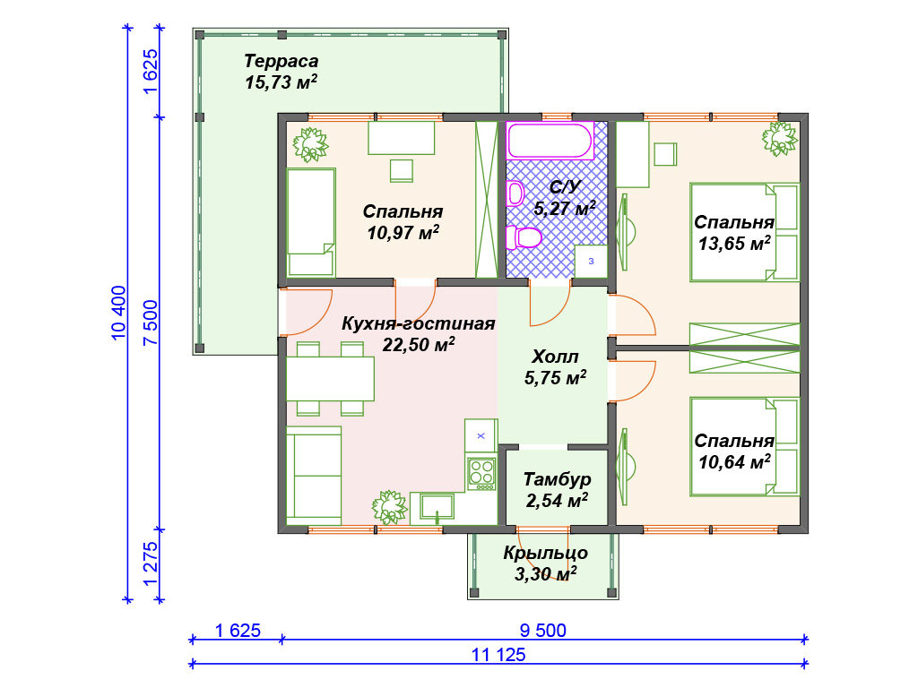 Проект одноэтажного дома,      площадь 90м2  размер                  11.1 x 10.4м