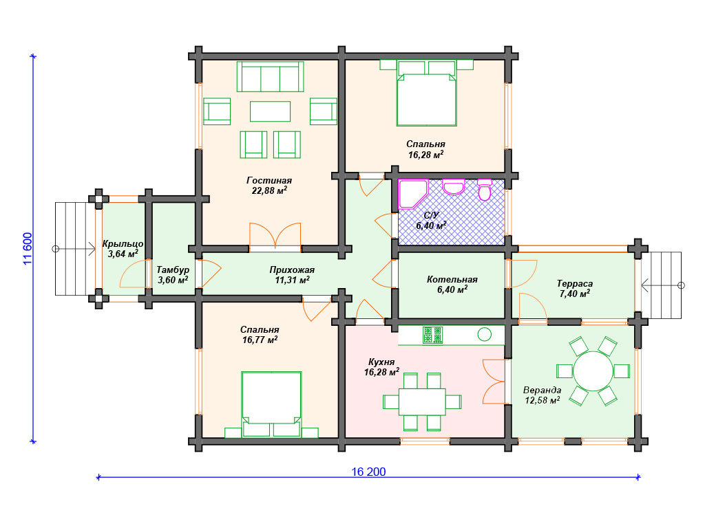 Проект одноэтажного дома,      площадь 124м²,   размер                  16.2 x 11.6м