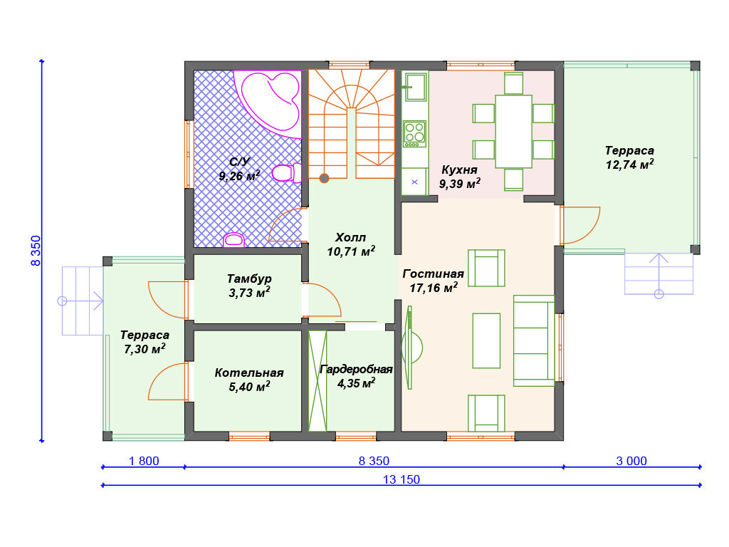 План расположения первого этажа двухэтажного дома
