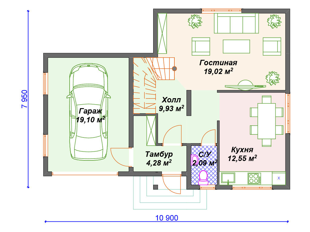План первого этажа каркасного дома с гаражом и мансардой