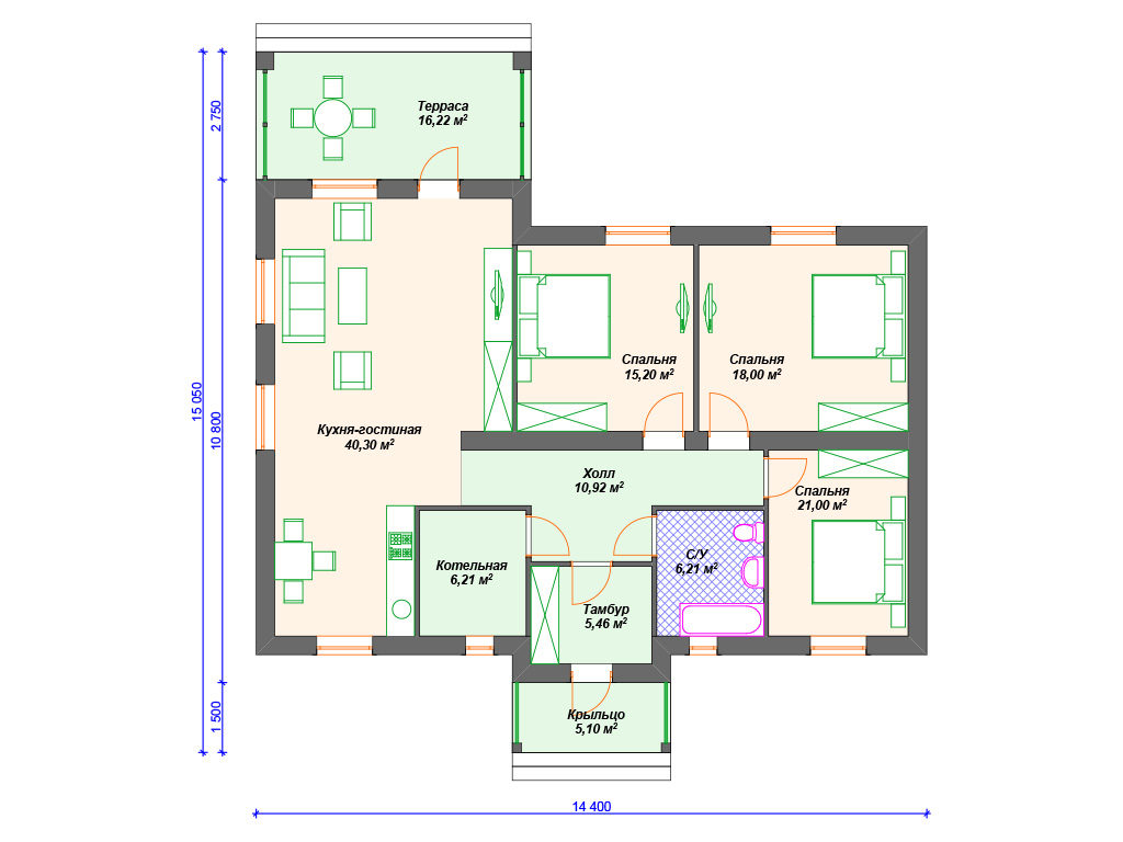 Проект одноэтажного дома,      площадь 145.0м²,   размер                  14.0 x 14 .4м