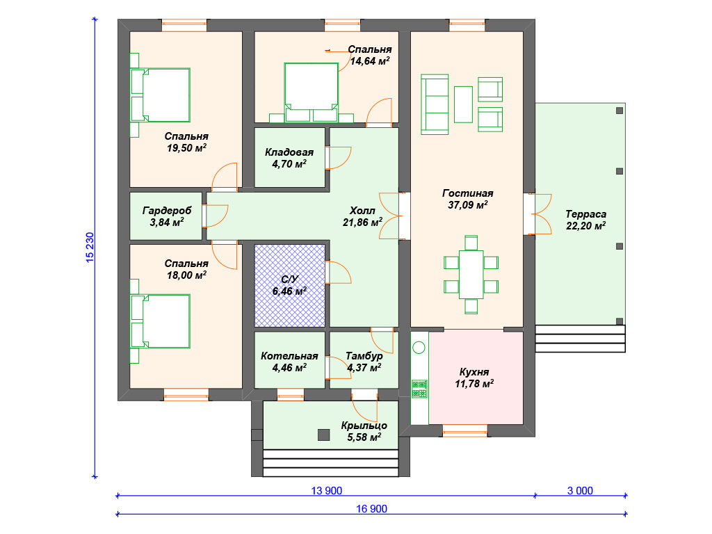 Проект одноэтажного дома,      площадь 176.0м²,   размер                  15.2 x 16 .9 м