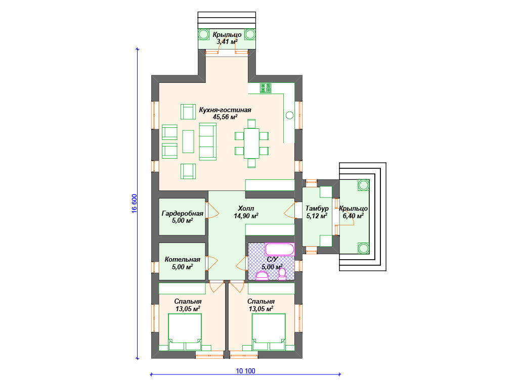 Проект одноэтажного дома,      площадь 116.0м²,   размер                  10.1 x 16 .6 м