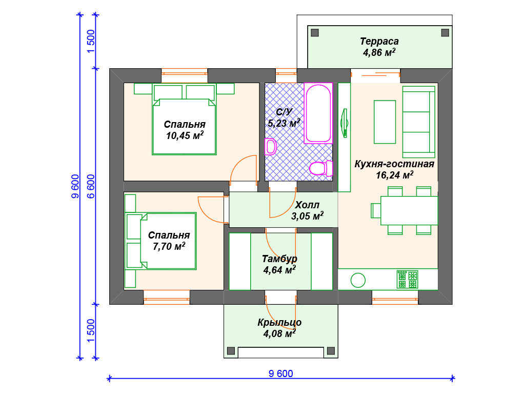 Проект одноэтажного дома,      площадь 56.0м²,   размер                  9.6 x 9 .6 м