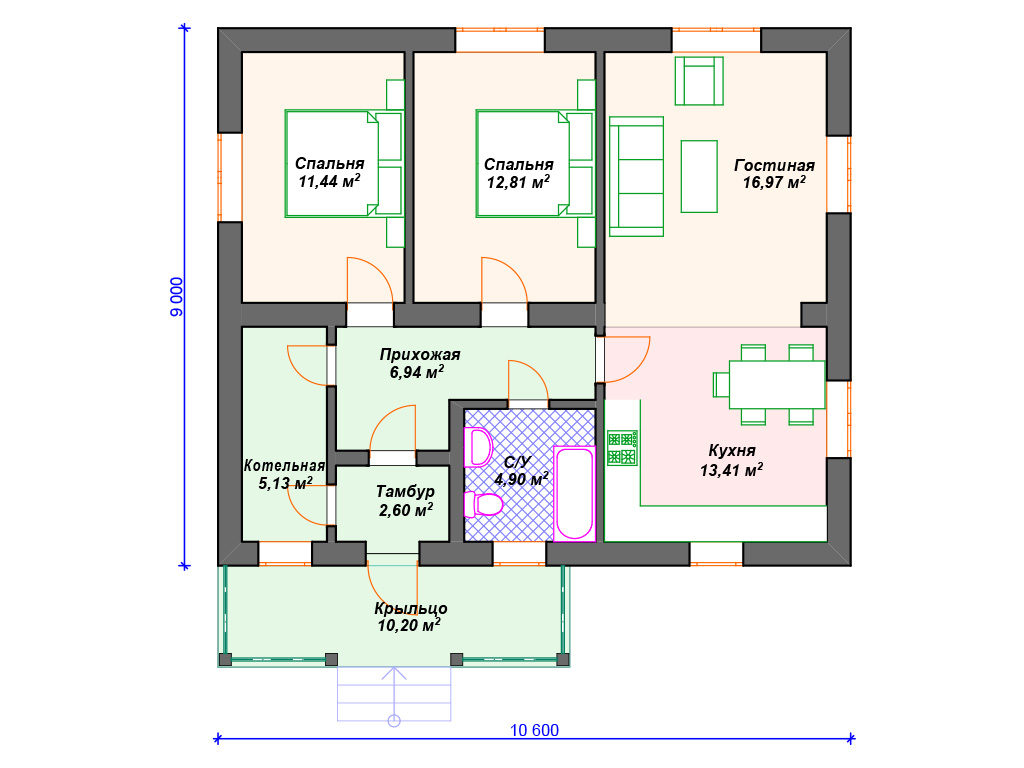 Проект одноэтажного дома,      площадь 84.0м²,   размер                  10.6 x 9 .0 м