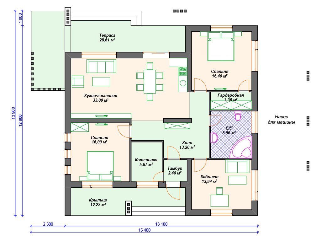 Проект одноэтажного дома,      площадь 154.0м²,   размер                  15.4 x 13 .9 м