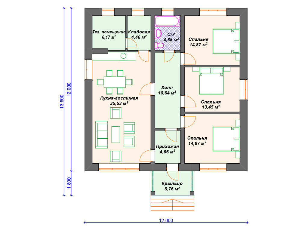 Проект одноэтажного дома,      площадь 115.0м²,   размер                  13.8 x 12 .0 м