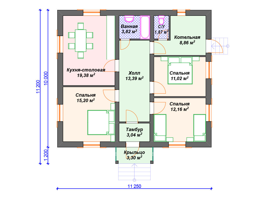 Проект одноэтажного дома,      площадь 92.0м²,   размер                  11.2 x 11.2 м