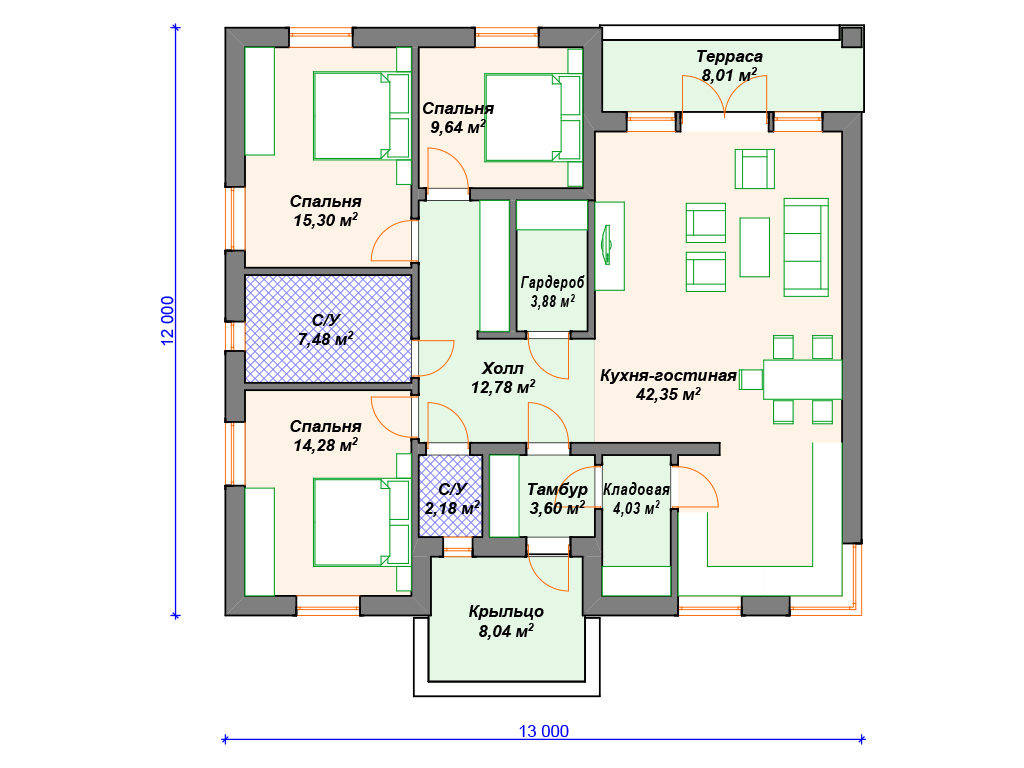 Проект одноэтажного дома,      площадь 132.0м²,   размер                  12.0 x 13 .0 м