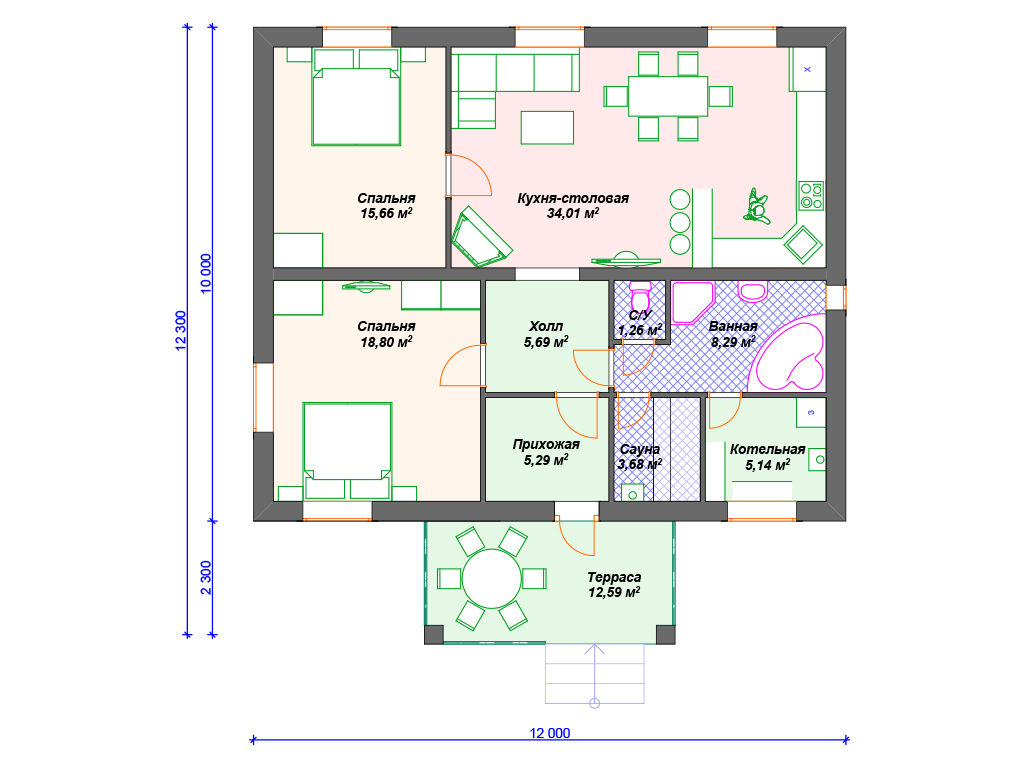 Проект одноэтажного дома,      площадь 110.0м²,   размер                  12.0 x 12 .3 м
