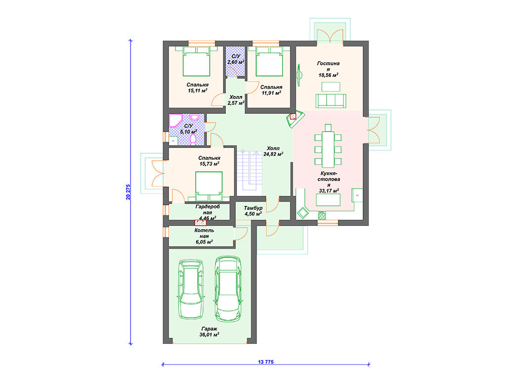 Проект одноэтажного дома,      площадь 193.0м²,   размер                  20.2 x 13 .7 м