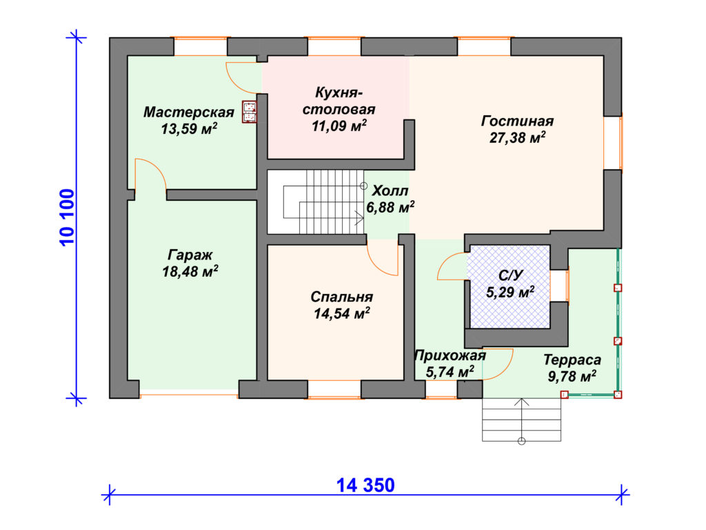 Проект двухэтажного дома,      площадь 186.0м²,   размер                  10.0 x 14.2м