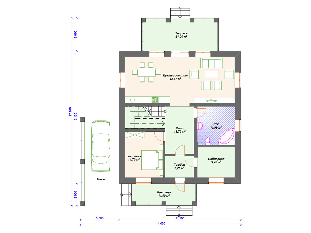 Проект двухэтажного дома,      площадь   251м2,   размер                  17.1  x 14.6 м