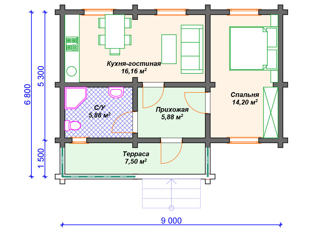 Проект одноэтажного дома, площадь 50 м², размеры 6.8 х 9.0 м.