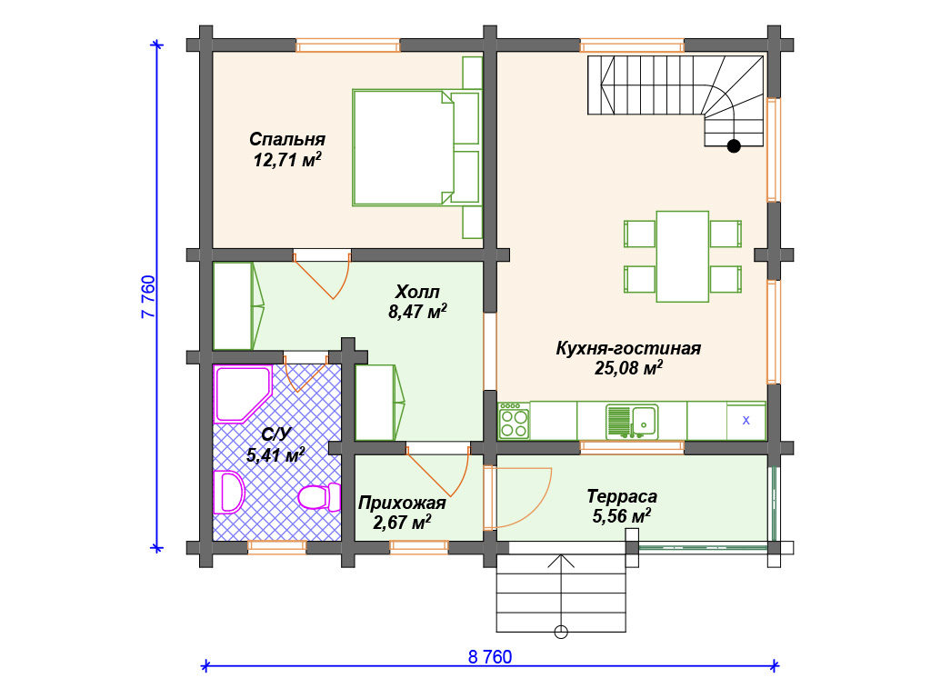 Проект двухэтажного дома, площадь 104 м², размеры 7.7 х 8.7 м.