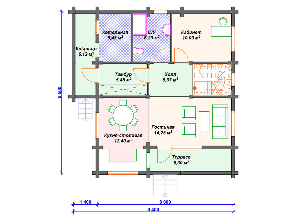 Проект одноэтажного дома, площадь 137 м², размеры 9.5 х 9.4 м.