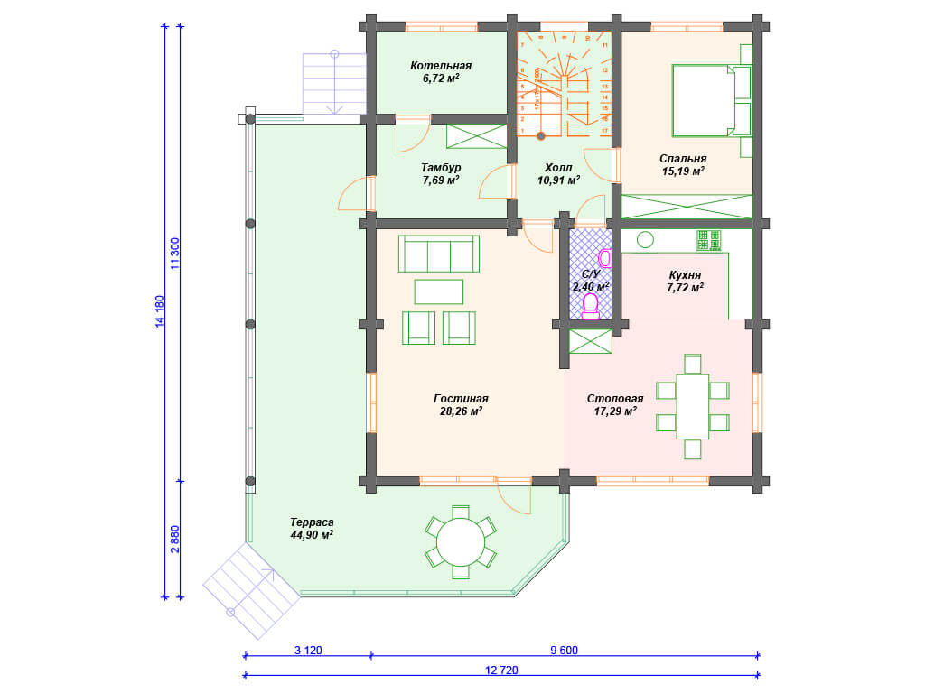 Проект двухэтажного дома, площадь 223 м², размеры 14.1 х 12.7 м.