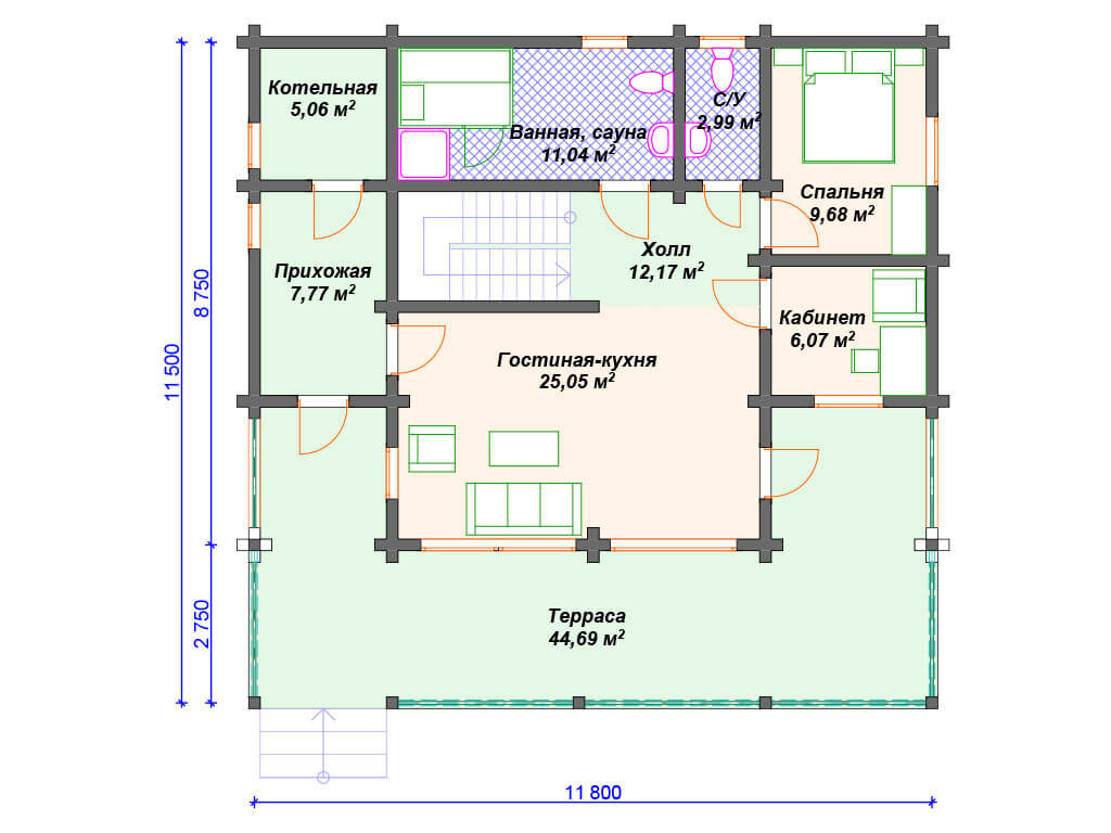 Проект двухэтажного дома, площадь 173 м², размеры 11.5 х 11.8 м.