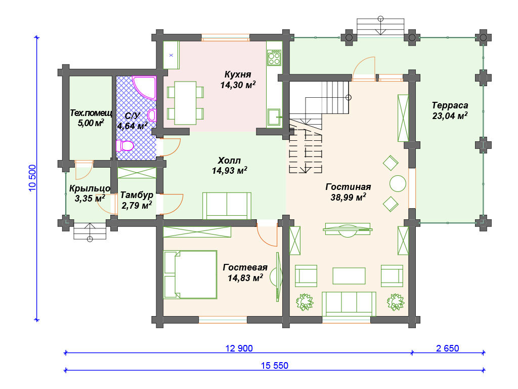 Проект двухэтажного дома, площадь 186 м², размеры 10.5 х 15.5 м