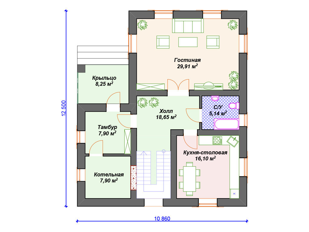 Проект двухэтажного дома,      площадь 181.0м²,   размер                  12.5 x 10 .8м