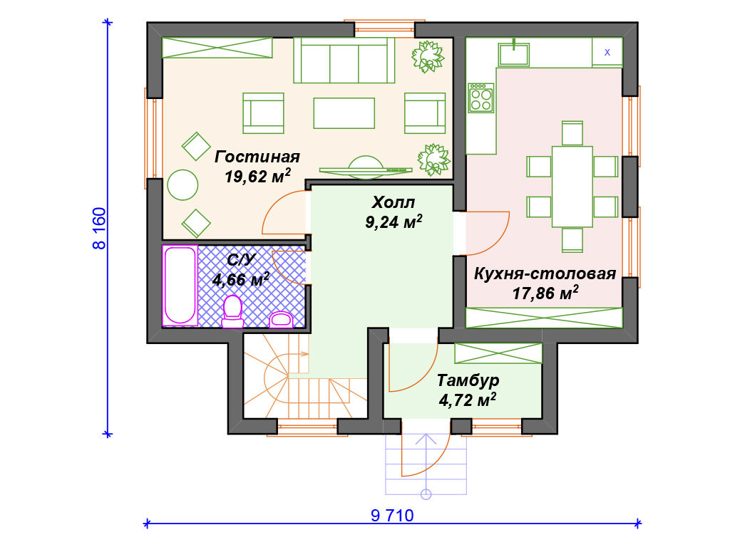 Проект двухэтажного дома,      площадь  108м2,   размер                  9.7  x 8 .2 м