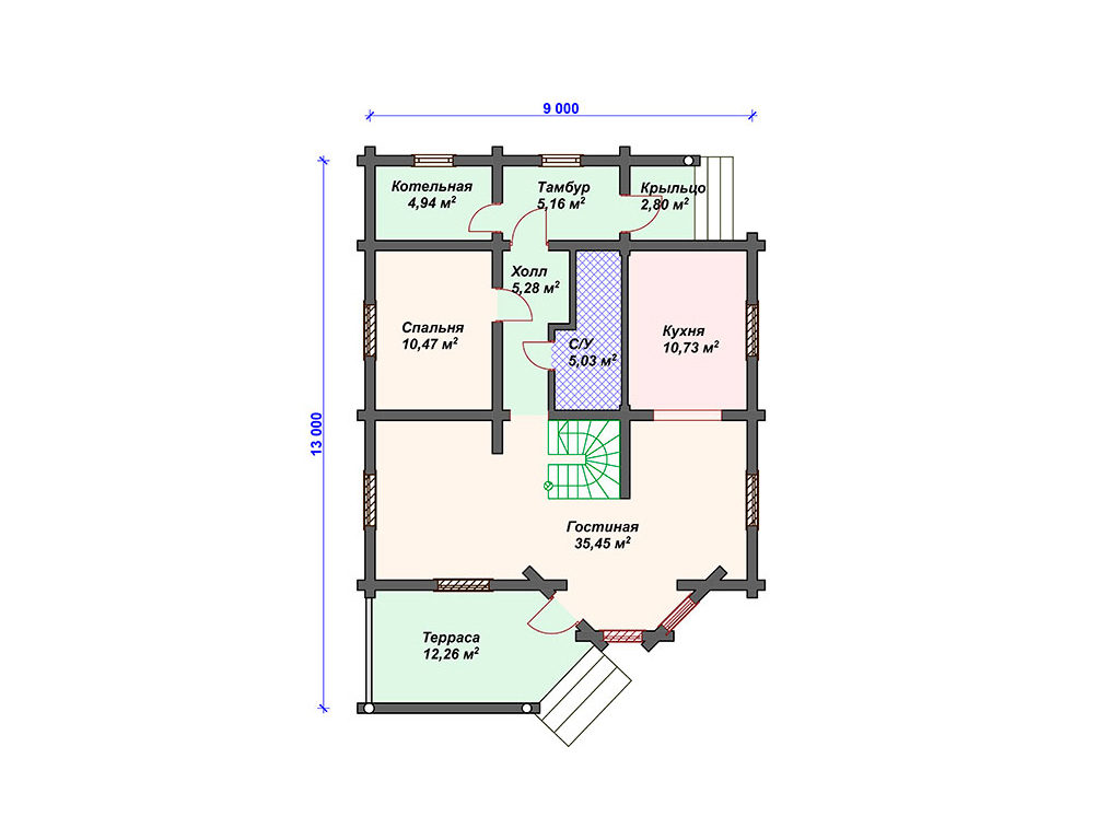 Проект одноэтажного дома с мансардой, площадь 157 м² размер 13.0 x 9.0 м