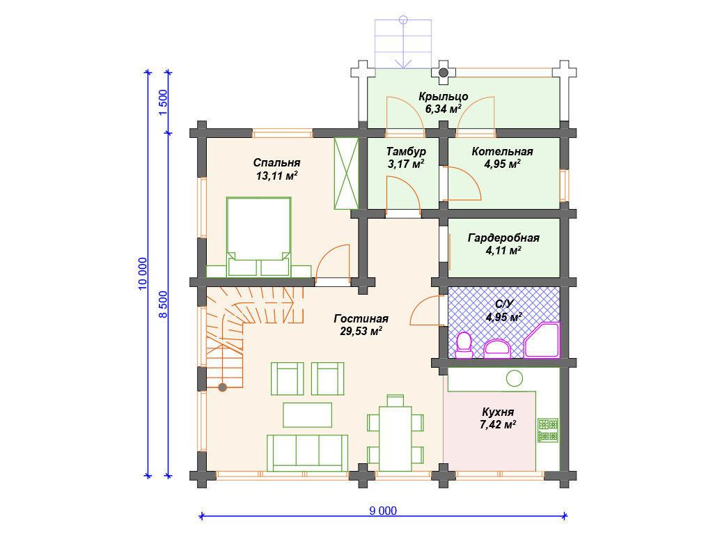 Проект духэтажного дома, площадь 138 м², размеры 10.0 х 9.0 м.