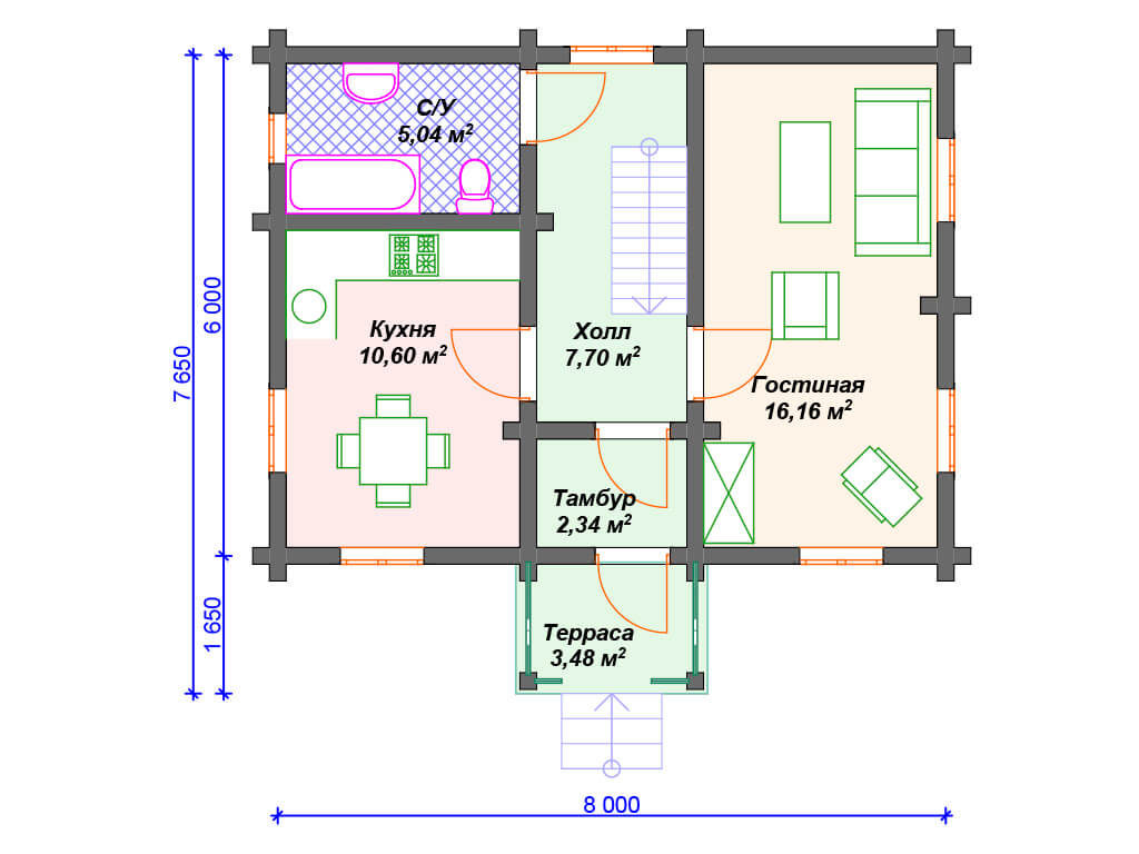 Проект двухэтажного дома, площадь 73 м², размеры 7.6 х 8.0 м.