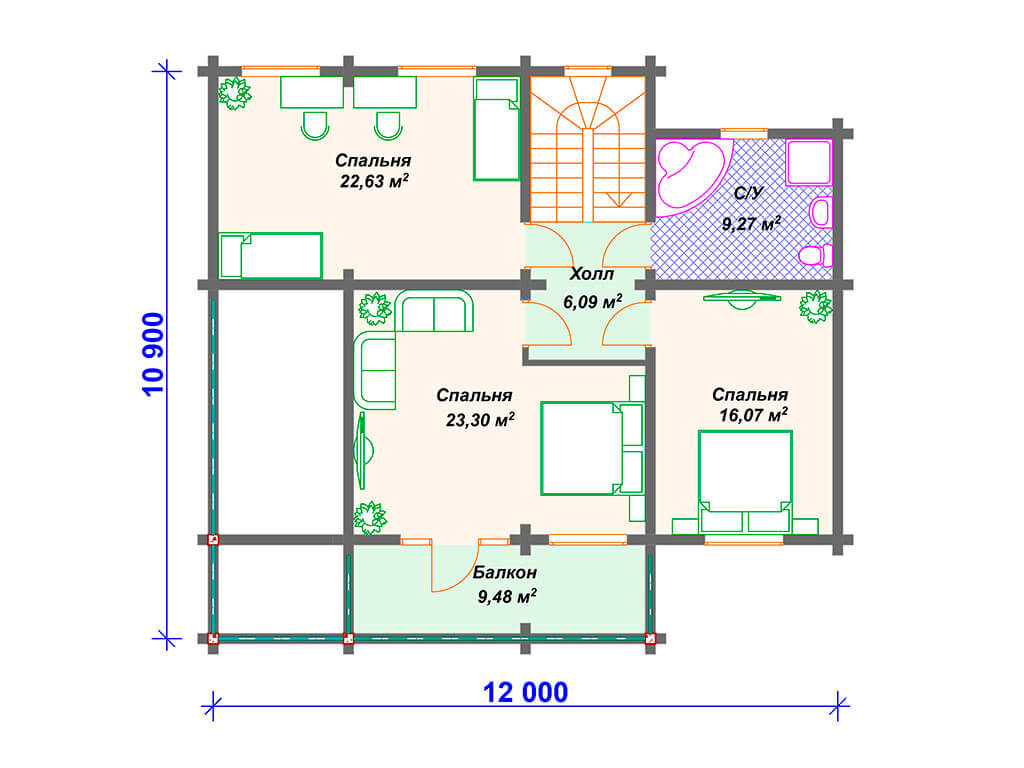 Проект двухэтажного дома,      площадь   207м2,   размер                  10.9  x 12.0 м