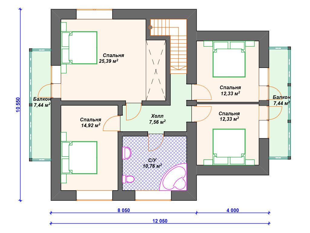 Проект двухэтажного дома,      площадь   198м2,   размер                  10.5  x 12.0 м