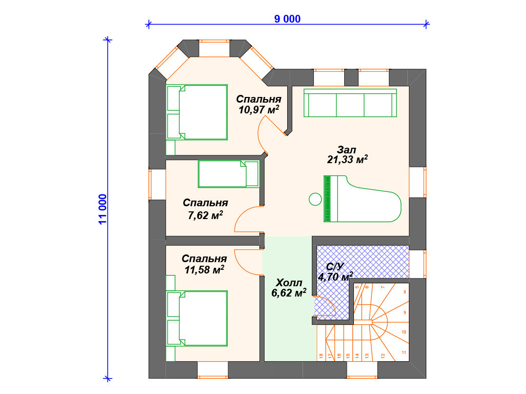 Проект двухэтажного дома,      площадь   134м2,   размер                  11.0  x 9.0 м