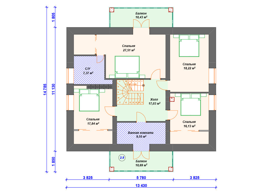 Проект двухэтажного дома,      площадь   312м2,   размер                  17.2  x 13.4 м