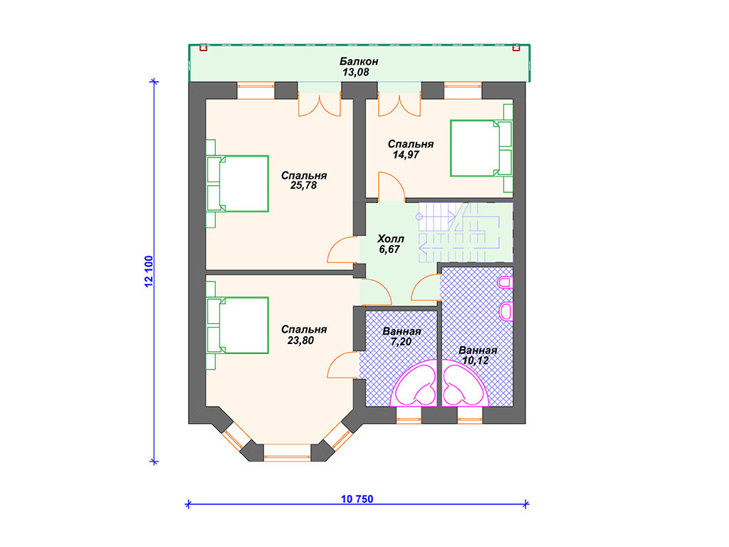 Проект двухэтажного дома,      площадь   242м2,   размер                  12.1  x 15.45 м