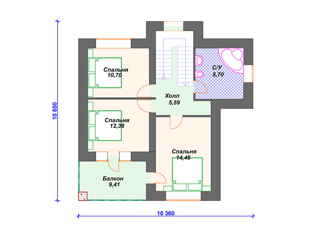 Проект двухэтажного дома,      площадь   136м2,   размер                  10.3  x 10.6 м