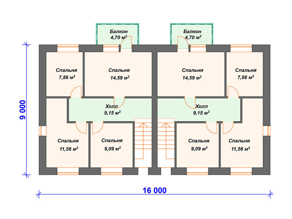 Проект двухэтажного дома,      площадь   124м2,   размер                  9.0  x 16.0 м