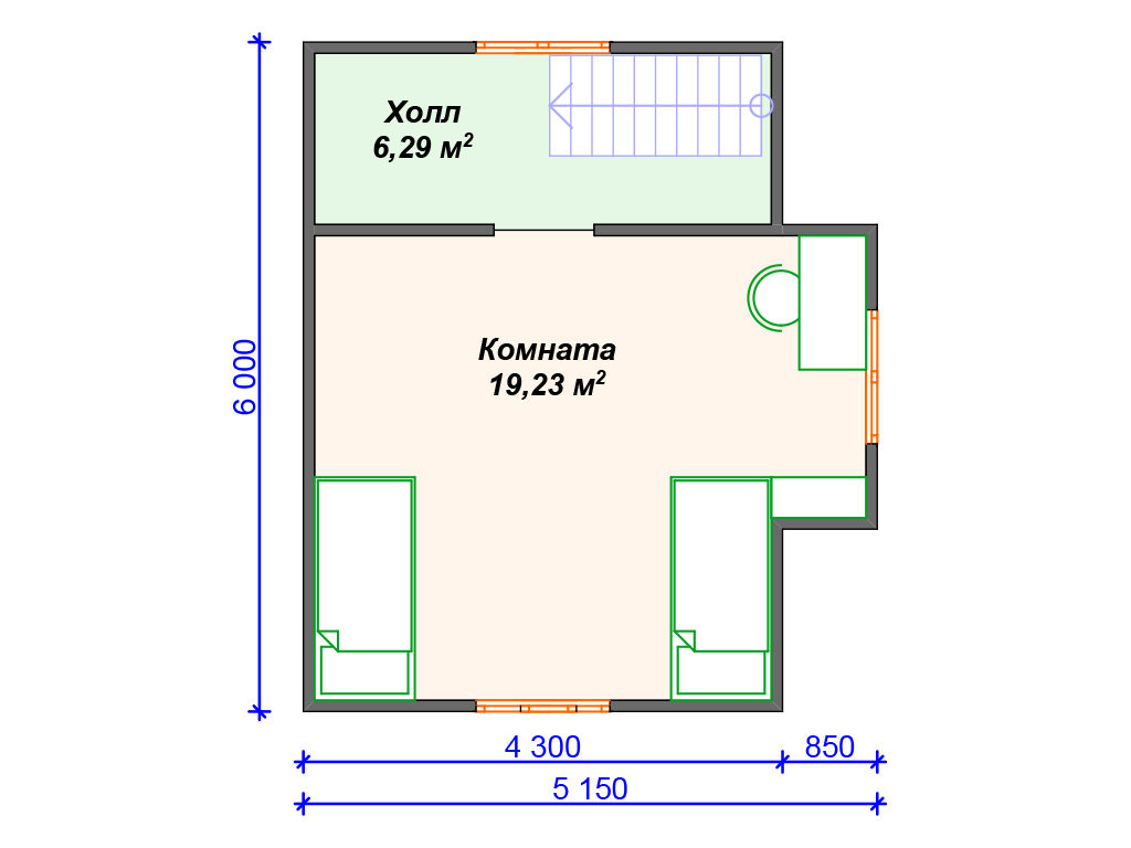 Проект двухэтажного дома,      площадь   59м2,   размер                  6.0  x 6 .0 м